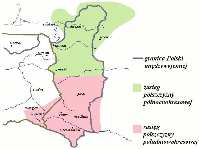 Zasięg polszczyzny kresowej. Źródło: Z. Kurzowa, Język polski Wileńszczyzny i Kresów północno-wschodnich XVI-XX w., Warszawa-Kraków 1993